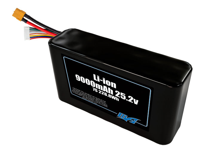 Compact 25.2-volt 9000mAh lithium-ion battery, built for lightweight drone, UAV, and robotics projects.