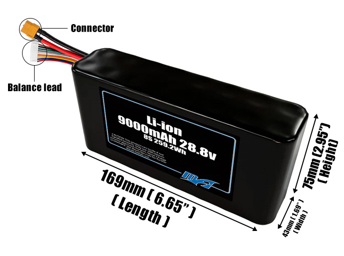 Size reference photo of the 9000mAh 28.8V Li-ion pack showing 169 mm by 43 mm by 75 mm dimensions ideal for drones or small robotic systems where space matters.