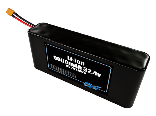 Compact 32.4-volt 9000mAh lithium-ion battery, built for lightweight drone, UAV, and robotics projects.