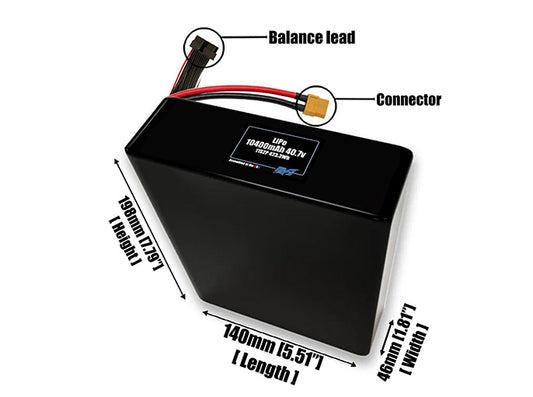 Size reference photo of the 10400mAh 40.7V LiPo pack showing 140 mm by 46 mm by 198 mm dimensions ideal for drones or large robotic systems where space matters.