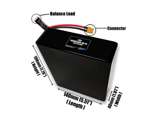 Size reference photo of the 10400mAh 40.7V LiPo pack showing 140 mm by 46 mm by 198 mm dimensions ideal for drones or large robotic systems where space matters.