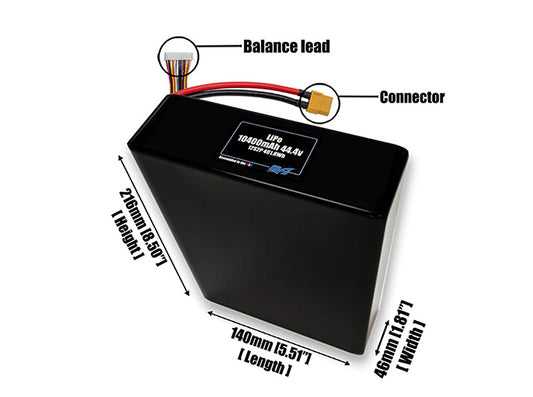 Size reference photo of the 10400mAh 44.4V LiPo pack showing 140 mm by 46 mm by 216 mm dimensions ideal for drones or large robotic systems where space matters.