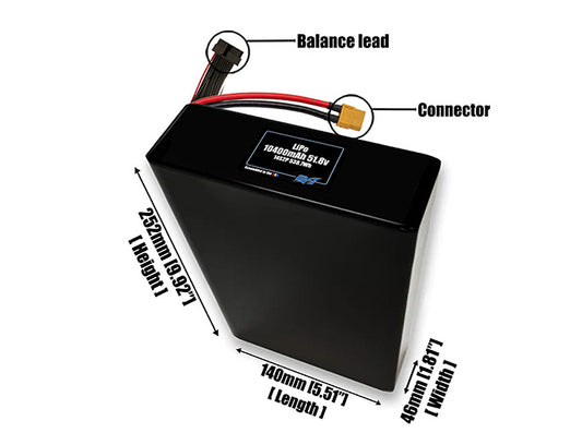 Size reference photo of the 10400mAh 51.8V LiPo pack showing 140 mm by 46 mm by 252 mm dimensions ideal for drones or large robotic systems where space matters.