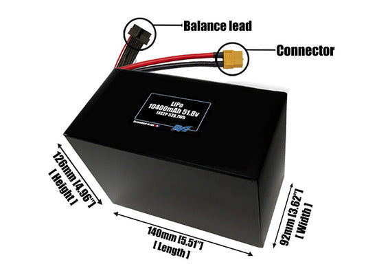 Size reference photo of the 10400mAh 51.8V LiPo side by side pack showing 140 mm by 96 mm by 126 mm dimensions ideal for drones or large robotic systems where space matters.