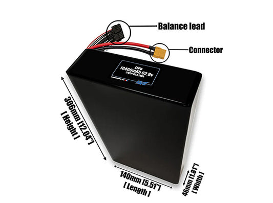 Size reference photo of the 10400mAh 62.9V LiPo pack showing 140 mm by 46 mm by 306 mm dimensions ideal for drones or large robotic systems where space matters.