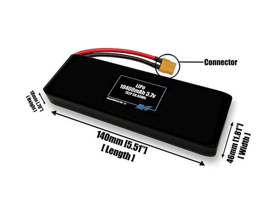 Size reference photo of the 10400mAh 3.7V LiPo pack showing 140 mm by 46 mm by 18 mm dimensions ideal for drones or large robotic systems where space matters.