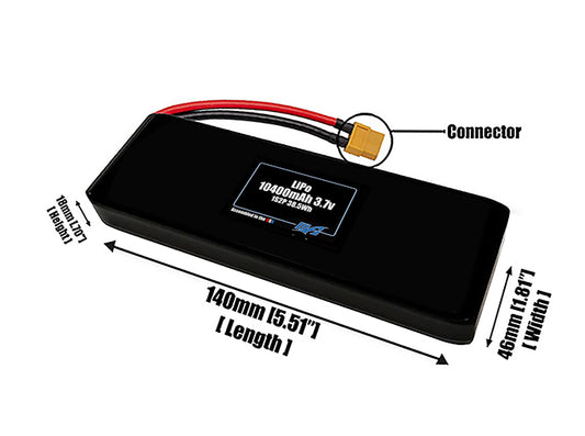 Size reference photo of the 10400mAh 3.7V LiPo pack showing 140 mm by 46 mm by 18 mm dimensions ideal for drones or large robotic systems where space matters.