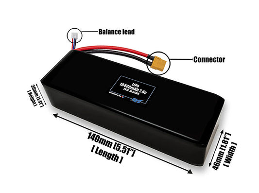 Size reference photo of the 10400mAh 7.4V LiPo pack showing 140 mm by 46 mm by 36 mm dimensions ideal for drones or large robotic systems where space matters.