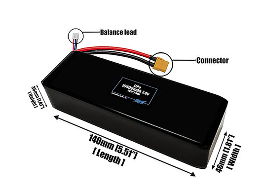Size reference photo of the 10400mAh 7.4V LiPo pack showing 140 mm by 46 mm by 36 mm dimensions ideal for drones or large robotic systems where space matters.