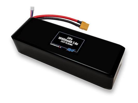 Compact 7.4-volt 10400mAh lithium-polymer battery, built for lightweight drone, UAV, and robotics projects.