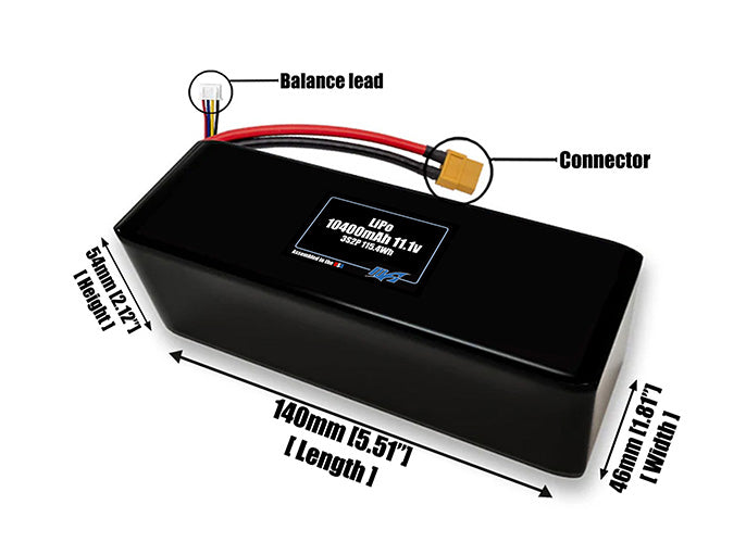 Size reference photo of the 10400mAh 11.1V LiPo pack showing 140 mm by 46 mm by 54 mm dimensions ideal for drones or large robotic systems where space matters.