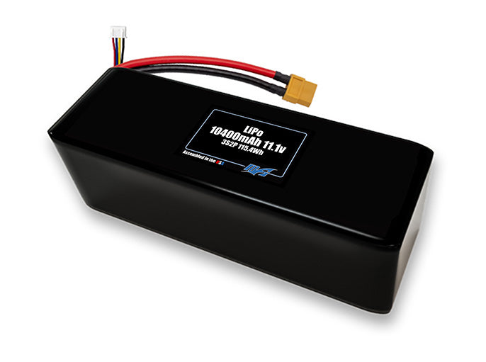 Compact 11.1-volt 10400mAh lithium-polymer battery, built for lightweight drone, UAV, and robotics projects.