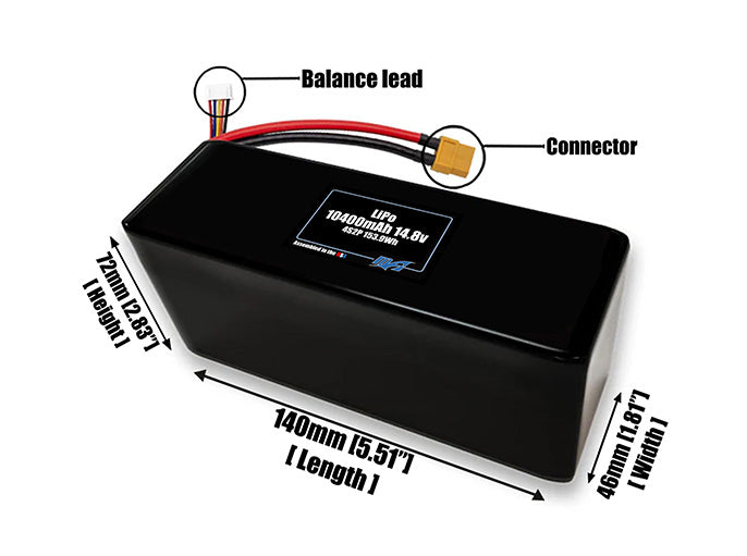 Size reference photo of the 10400mAh 14.8V LiPo pack showing 140 mm by 46 mm by 72 mm dimensions ideal for drones or large robotic systems where space matters.
