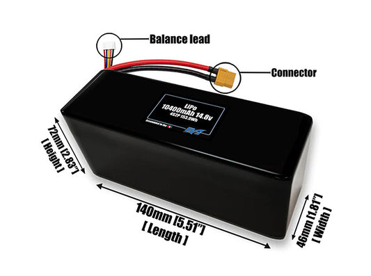 Size reference photo of the 10400mAh 14.8V LiPo pack showing 140 mm by 46 mm by 72 mm dimensions ideal for drones or large robotic systems where space matters.