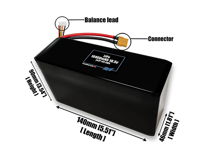 Size reference photo of the 10400mAh 18.5V LiPo pack showing 140 mm by 46 mm by 90 mm dimensions ideal for drones or large robotic systems where space matters.