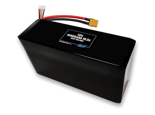 Compact 18.5-volt 10400mAh lithium-polymer battery, built for lightweight drone, UAV, and robotics projects.