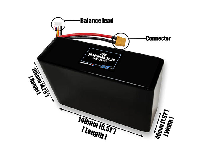 Size reference photo of the 10400mAh 22.2V LiPo pack showing 140 mm by 46 mm by 108 mm dimensions ideal for drones or large robotic systems where space matters.