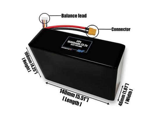 Size reference photo of the 10400mAh 22.2V LiPo pack showing 140 mm by 46 mm by 108 mm dimensions ideal for drones or large robotic systems where space matters.