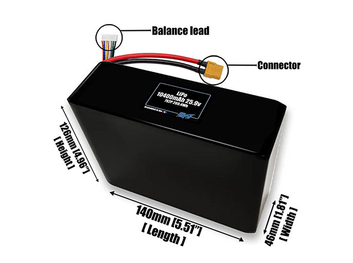 Size reference photo of the 10400mAh 25.9V LiPo pack showing 140 mm by 46 mm by 126 mm dimensions ideal for drones or large robotic systems where space matters.