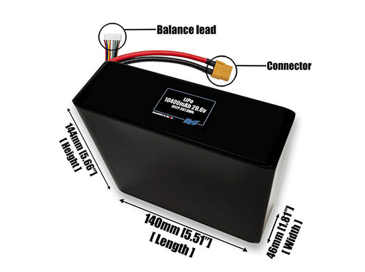 Size reference photo of the 10400mAh 29.6V LiPo pack showing 140 mm by 46 mm by 144 mm dimensions ideal for drones or large robotic systems where space matters.