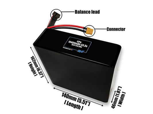 Size reference photo of the 10400mAh 33.3V LiPo pack showing 140 mm by 46 mm by 162 mm dimensions ideal for drones or large robotic systems where space matters.