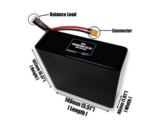 Size reference photo of the 10400mAh 33.3V LiPo pack showing 140 mm by 46 mm by 162 mm dimensions ideal for drones or large robotic systems where space matters.