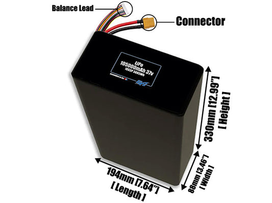 Size reference photo of the 105000mAh 37V LiPo pack showing 194 mm by 88 mm by 330 mm dimensions ideal for drones or large robotic systems where space matters.