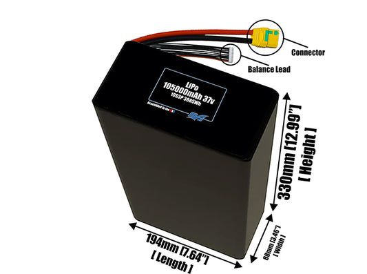 Size reference photo of the 105000mAh 37V LiPo pack showing 194 mm by 88 mm by 330 mm dimensions ideal for drones or large robotic systems where space matters.