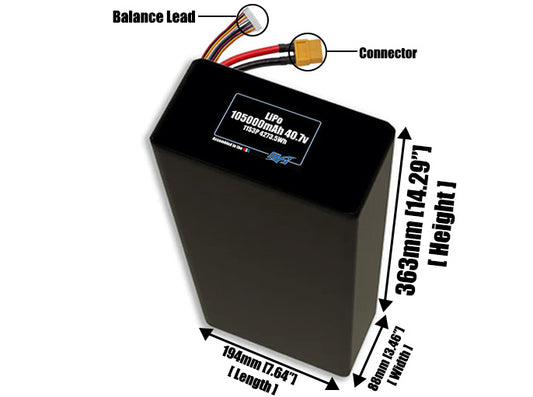 Size reference photo of the 105000mAh 40.7V LiPo pack showing 194 mm by 88 mm by 363 mm dimensions ideal for drones or large robotic systems where space matters.