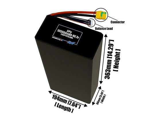 Size reference photo of the 105000mAh 40.7V LiPo pack showing 194 mm by 88 mm by 363 mm dimensions ideal for drones or large robotic systems where space matters.