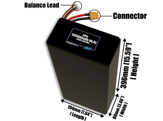 Size reference photo of the 105000mAh 44.4V LiPo pack showing 194 mm by 88 mm by 396 mm dimensions ideal for drones or large robotic systems where space matters.