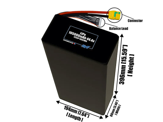 Size reference photo of the 105000mAh 44.4V LiPo pack showing 194 mm by 88 mm by 396 mm dimensions ideal for drones or large robotic systems where space matters.