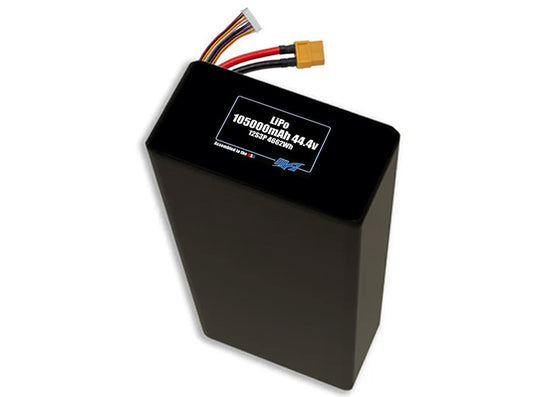 Compact 44.4-volt 105000mAh lithium-polymer battery, built for lightweight drone, UAV, and robotics projects.