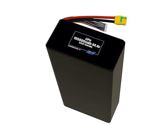 Compact 44.4-volt 105000mAh lithium-polymer battery, built for lightweight drone, UAV, and robotics projects.