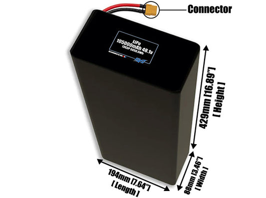 Size reference photo of the 105000mAh 48.1V LiPo pack showing 194 mm by 88 mm by 429 mm dimensions ideal for drones or large robotic systems where space matters.