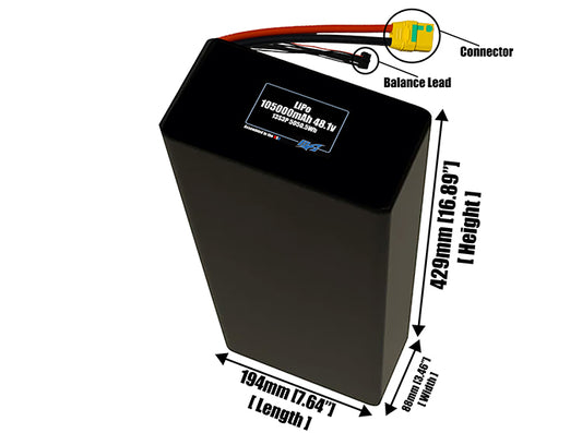 Size reference photo of the 105000mAh 48.1V LiPo pack showing 194 mm by 88 mm by 429 mm dimensions ideal for drones or large robotic systems where space matters.