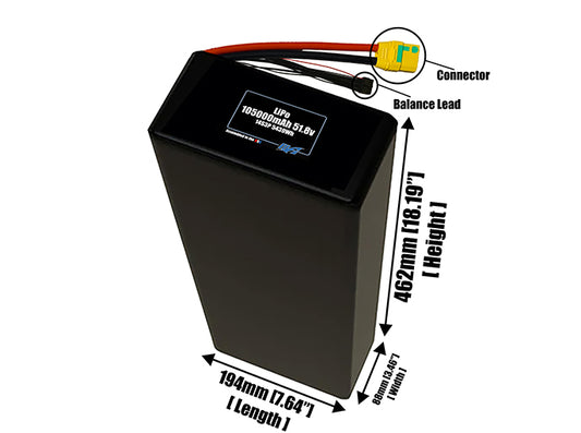 Size reference photo of the 105000mAh 51.8V LiPo pack showing 194 mm by 88 mm by 462 mm dimensions ideal for drones or large robotic systems where space matters.