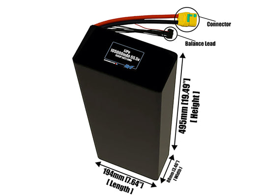 Size reference photo of the 105000mAh 55.5V LiPo pack showing 194 mm by 88 mm by 495 mm dimensions ideal for drones or large robotic systems where space matters.