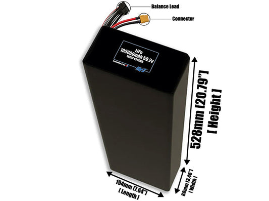Size reference photo of the 105000mAh 59.2V LiPo pack showing 194 mm by 88 mm by 528 mm dimensions ideal for drones or large robotic systems where space matters.