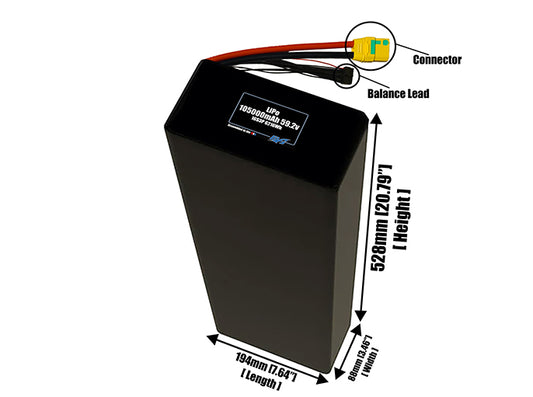 Size reference photo of the 105000mAh 59.2V LiPo pack showing 194 mm by 88 mm by 528 mm dimensions ideal for drones or large robotic systems where space matters.