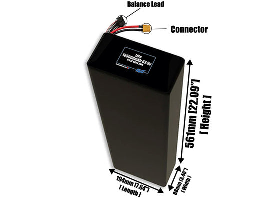 Size reference photo of the 105000mAh 62.9V LiPo pack showing 194 mm by 88 mm by 561 mm dimensions ideal for drones or large robotic systems where space matters.