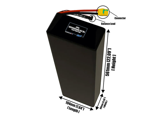 Size reference photo of the 105000mAh 62.9V LiPo pack showing 194 mm by 88 mm by 561 mm dimensions ideal for drones or large robotic systems where space matters.