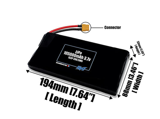 Size reference photo of the 105000mAh 3.7V LiPo pack showing 194 mm by 88 mm by 33 mm dimensions ideal for drones or large robotic systems where space matters.