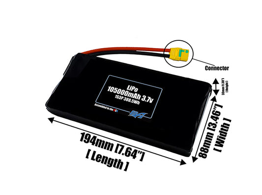 Size reference photo of the 105000mAh 3.7V LiPo pack showing 194 mm by 88 mm by 33 mm dimensions ideal for drones or large robotic systems where space matters.
