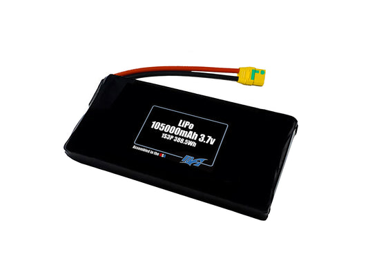 Compact 3.7-volt 105000mAh lithium-polymer battery, built for lightweight drone, UAV, and robotics projects.