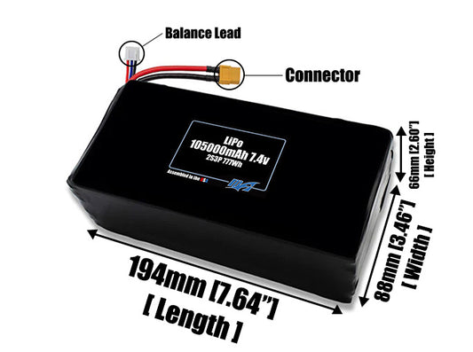 Size reference photo of the 105000mAh 7.4V LiPo pack showing 194 mm by 88 mm by 66 mm dimensions ideal for drones or large robotic systems where space matters.