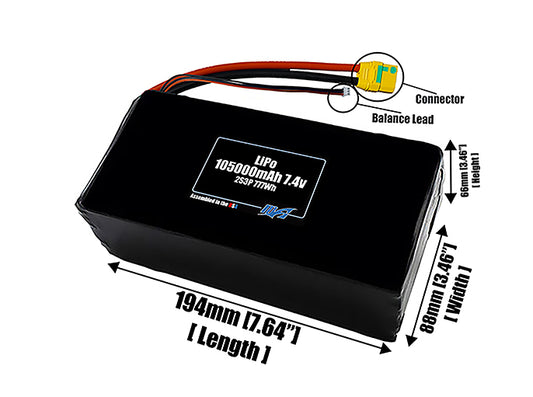 Size reference photo of the 105000mAh 7.4V LiPo pack showing 194 mm by 88 mm by 66 mm dimensions ideal for drones or large robotic systems where space matters.