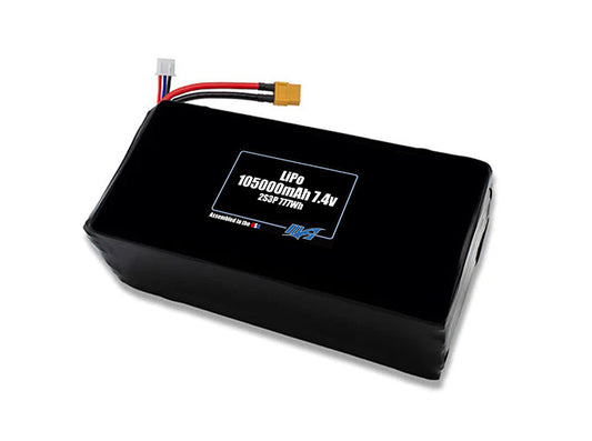 Compact 7.4-volt 105000mAh lithium-polymer battery, built for lightweight drone, UAV, and robotics projects.