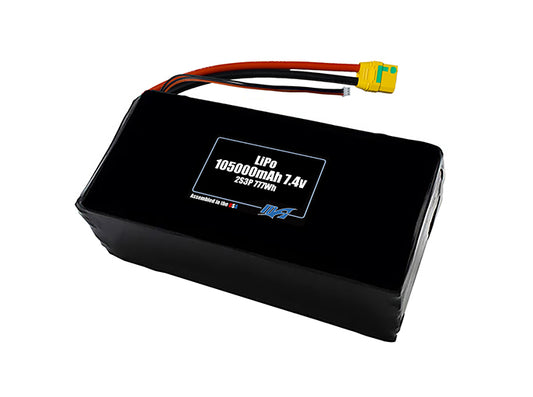 Compact 7.4-volt 105000mAh lithium-polymer battery, built for lightweight drone, UAV, and robotics projects.
