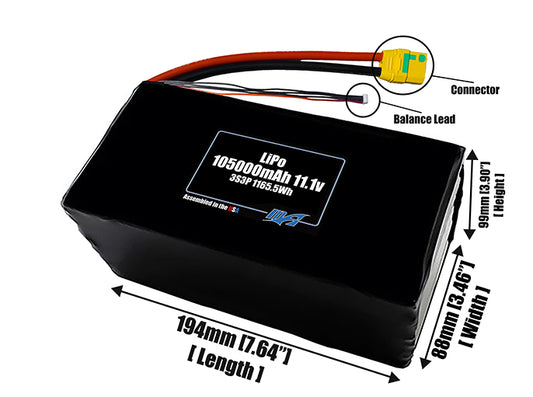 Size reference photo of the 105000mAh 11.1V LiPo pack showing 194 mm by 88 mm by 99 mm dimensions ideal for drones or large robotic systems where space matters.